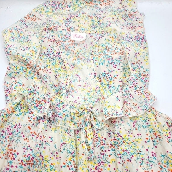 Parker Silk Cream Multicolored Floral Dress Smocked Waist Size L - Picture 11 of 14